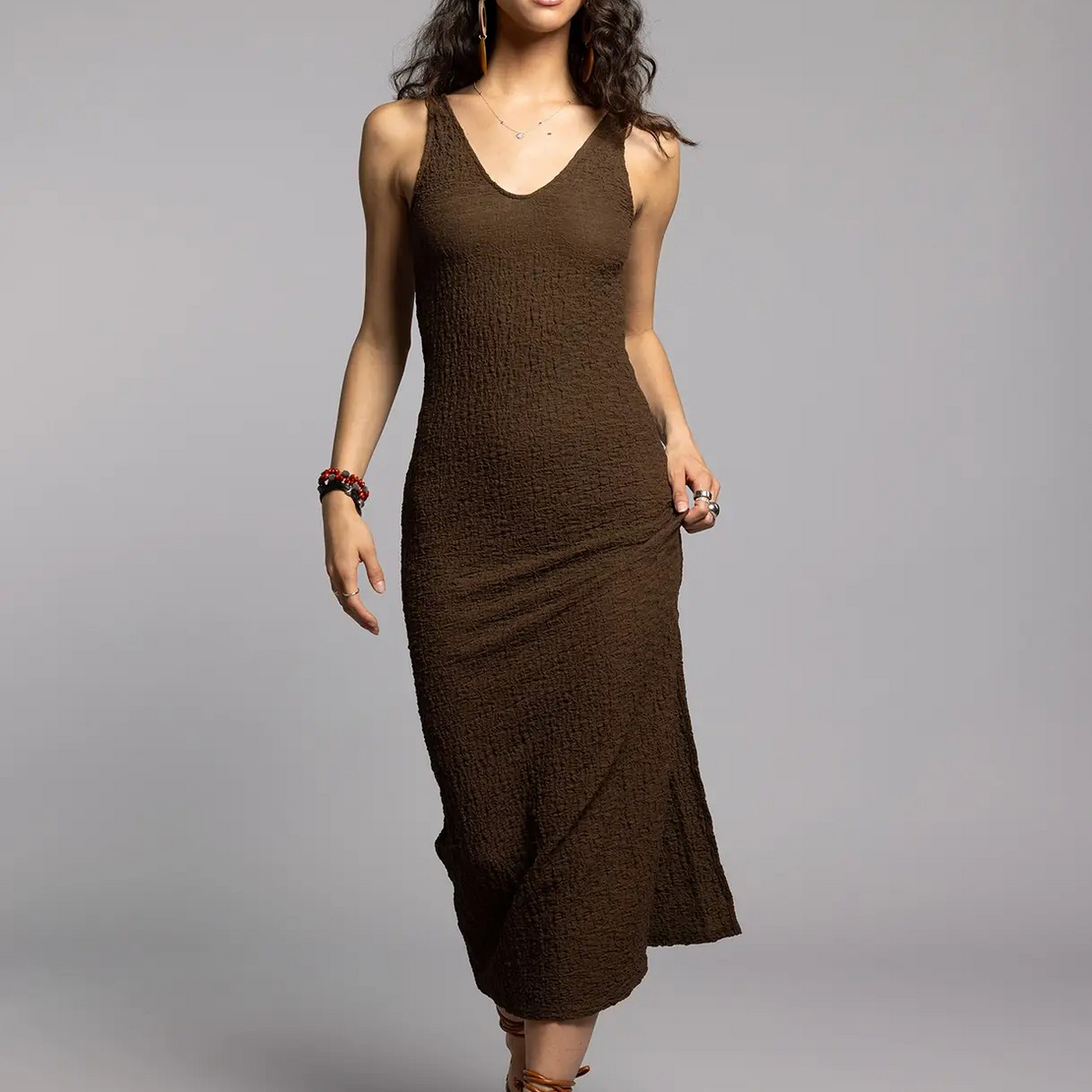 Crinkle Maxi Dress - Brown La Lucea Crinkle Maxi Dress - Brown La Lucea